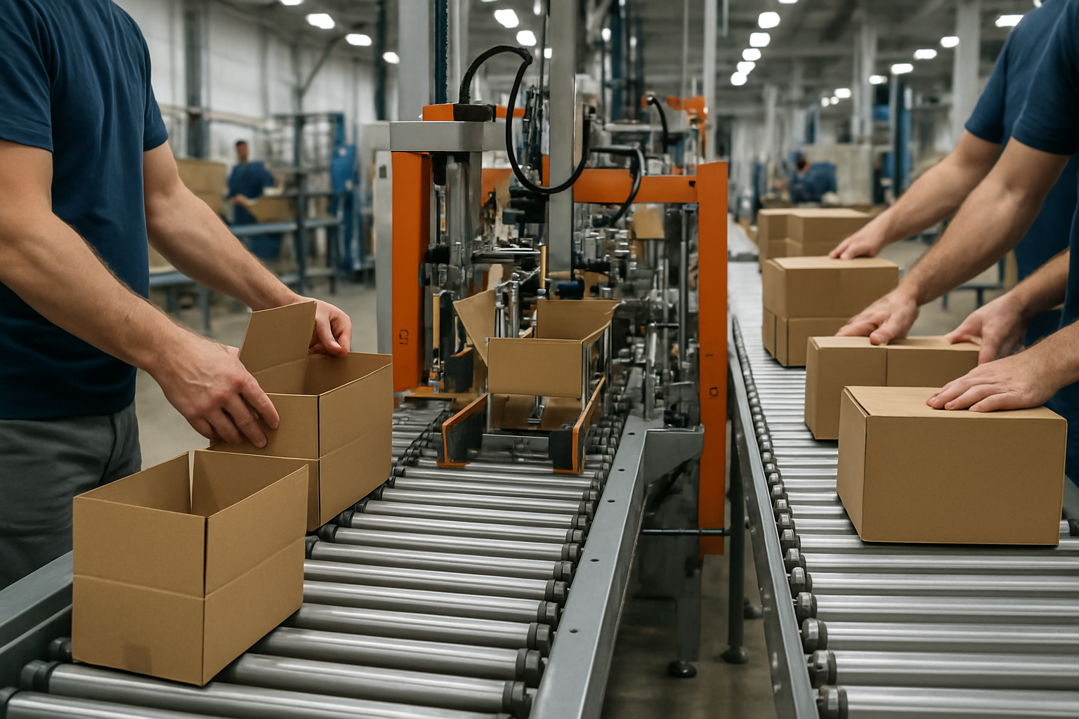 Factory production line with workers manufacturing boxes, focusing on the box production process and assembly line