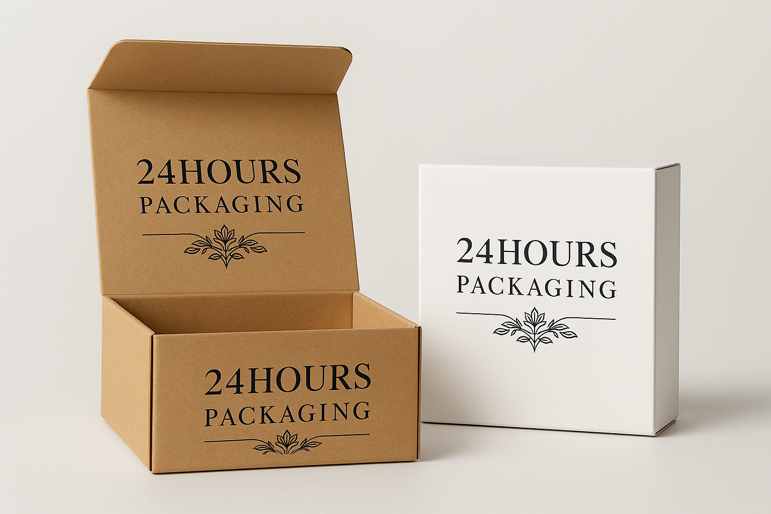 Two product packaging boxes with light gray background - one kraft paper and one white, both featuring 24HOURS PACKAGING branding